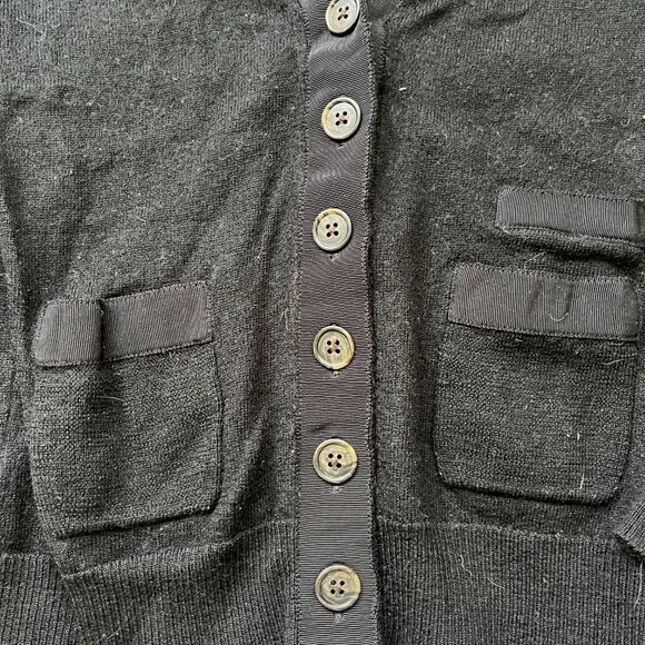 J. Crew Cardigan Black V Neck Pockets Merino Wool Tight Knit Ribbon Trim Size XS - Picture 2 of 10